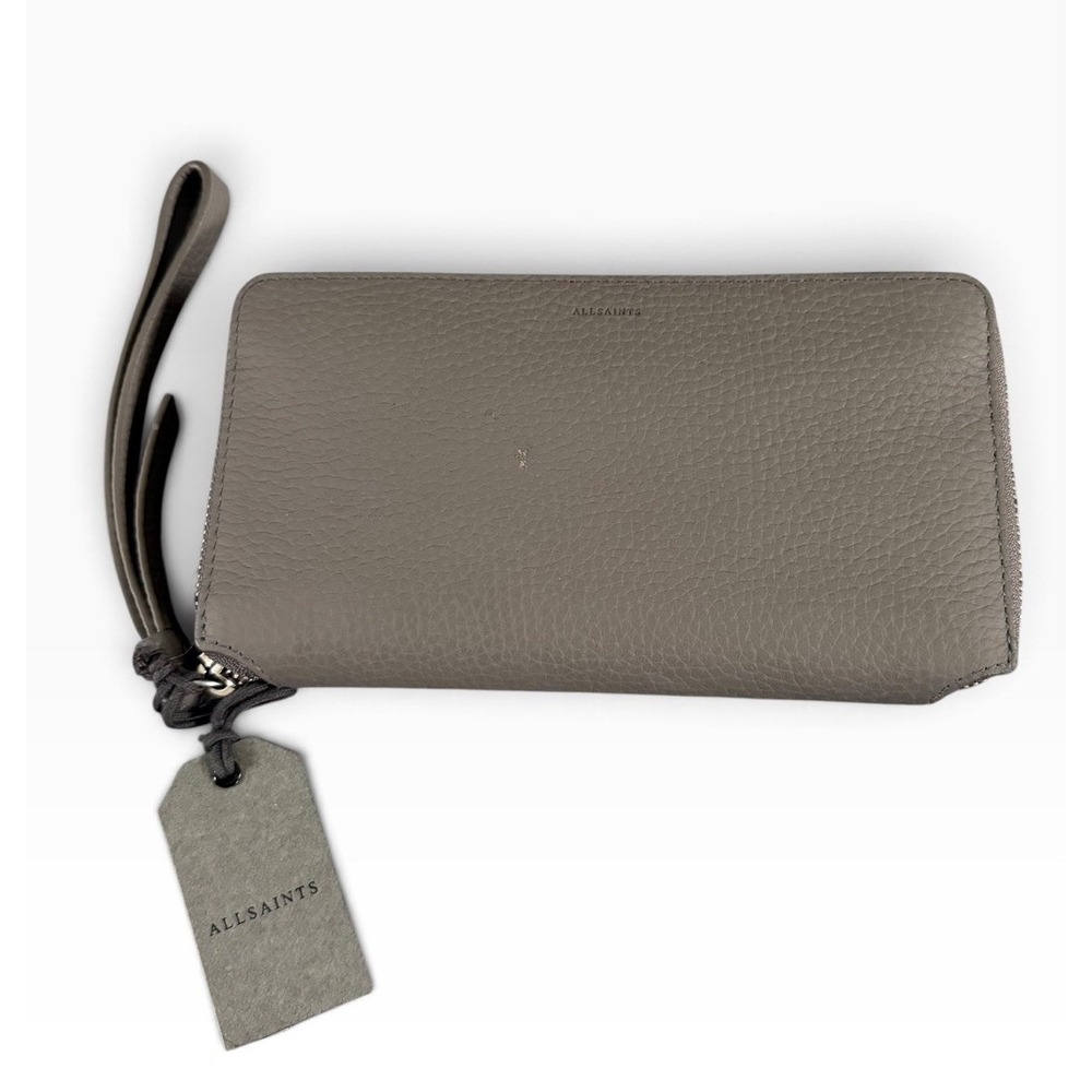 ALLSAINTS Fetch Phone Wristlet Pebbled Leather Storm Gray Phone Zip Wallet